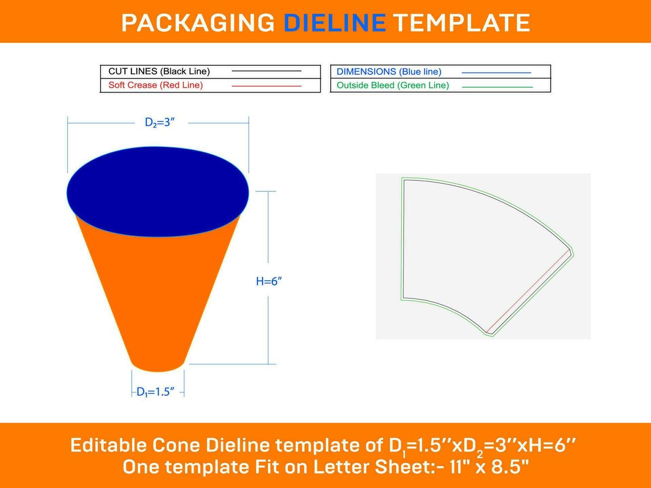 cono ghiaccio crema d1 1.5xd2 3xh 6 pollice Dieline modello vettore