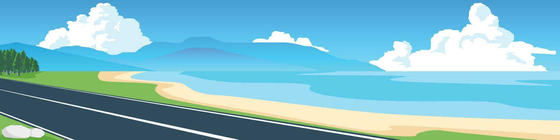 vettore o illustratore e paesaggio Visualizza. asfalto strada sentiero attraverso il spiaggia. mare spiaggia e isola complesso lontano lontano. sotto blu cielo e bianca nuvole.