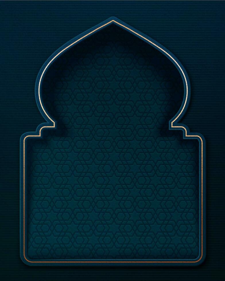 motivo geometrico ramadan blu scuro su sfondo a forma di porta arabescata con cornice di colore dorato vettore