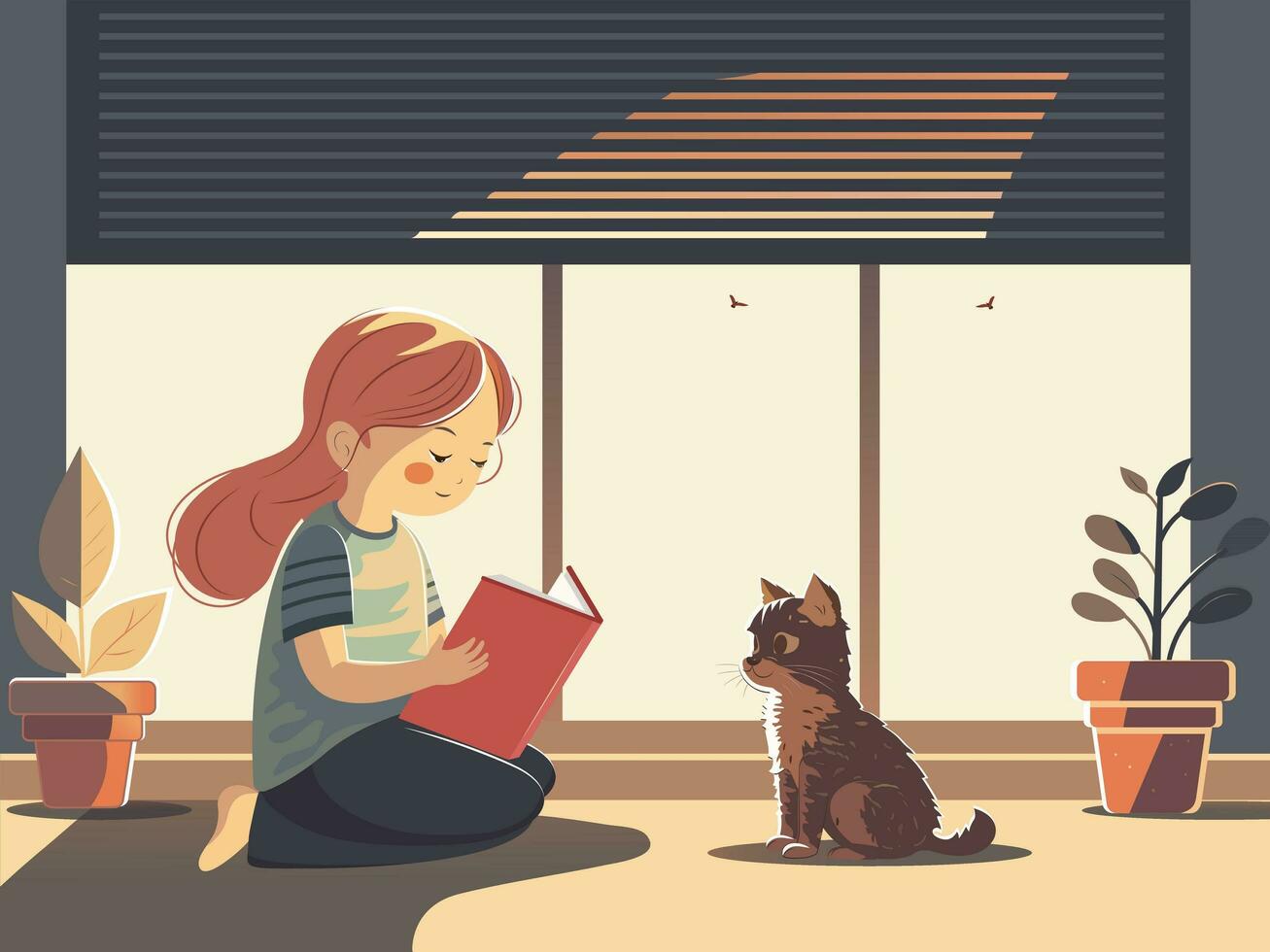 giovane ragazza personaggio lettura libro con carino gatto seduta, pianta vaso su Aperto finestra attraverso a strisce rullo persiane. vettore