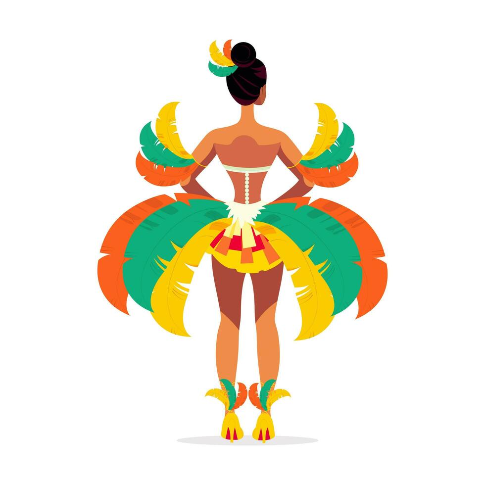 indietro Visualizza di bellissimo giovane femmina indossare piuma costume nel in piedi posa. carnevale o samba danza concetto. vettore