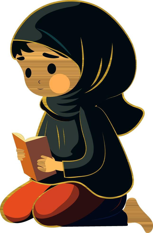 illustrazione di giovane musulmano donna lettura Corano libro nel seduta posa. vettore