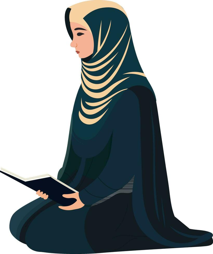 illustrazione di giovane musulmano donna lettura Corano libro nel seduta posa. vettore