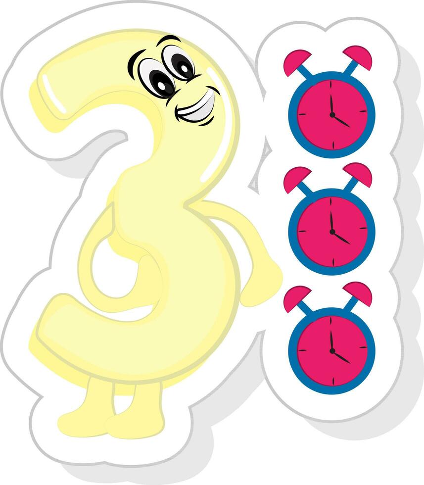 etichetta stile contento 3 cartone animato numero con allarme orologio icona nel giallo e rosa colore. vettore