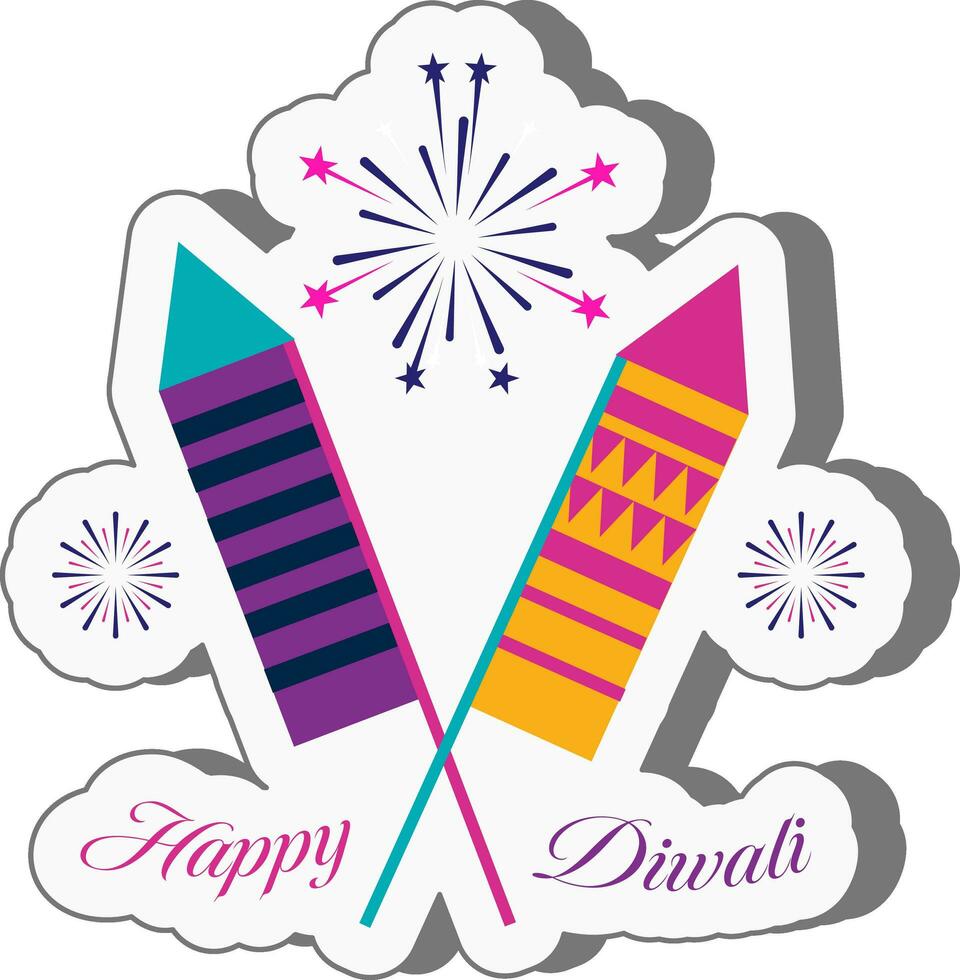 illustrazione di attraversare petardo razzo con fuochi d'artificio per contento Diwali etichetta. vettore