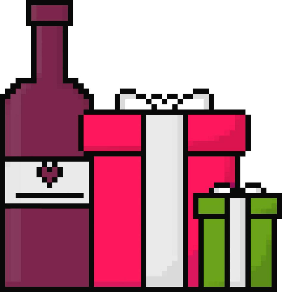 pixel vettore regalo scatole e vino bottiglia.