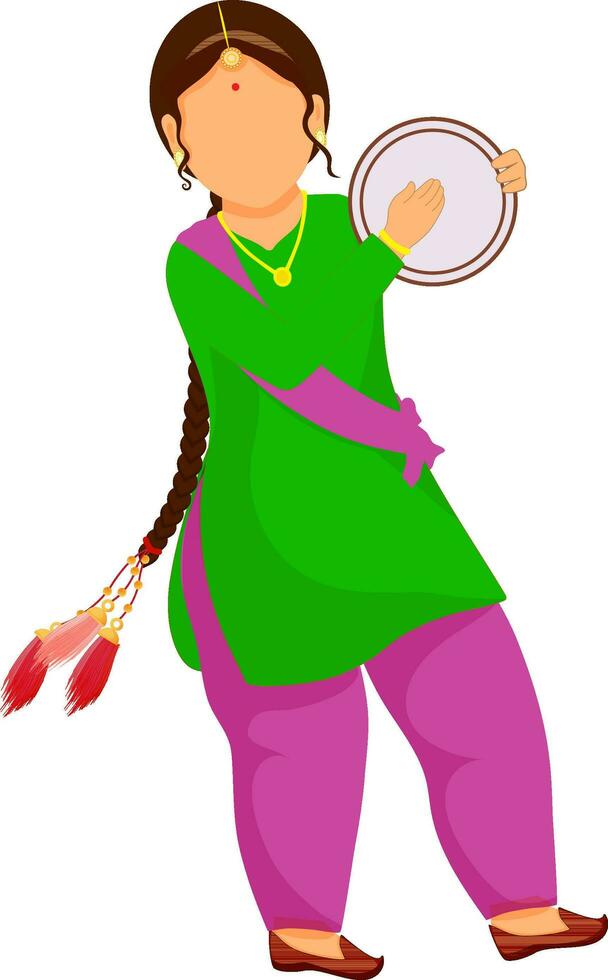 illustrazione di senza volto punjabi giovane ragazza giocando tamburello. vettore