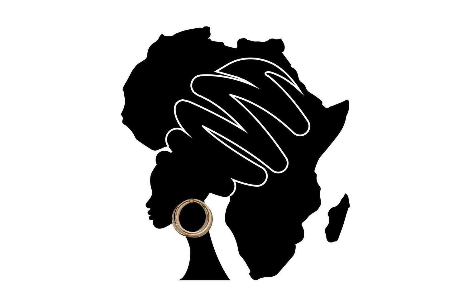 Africa patria, africano donna ritratto nel etnico turbante, silhouette, Africa continente carta geografica. nazionale nero storia mese. vacanza concetto. afro logo bandiera design isolato su bianca sfondo vettore