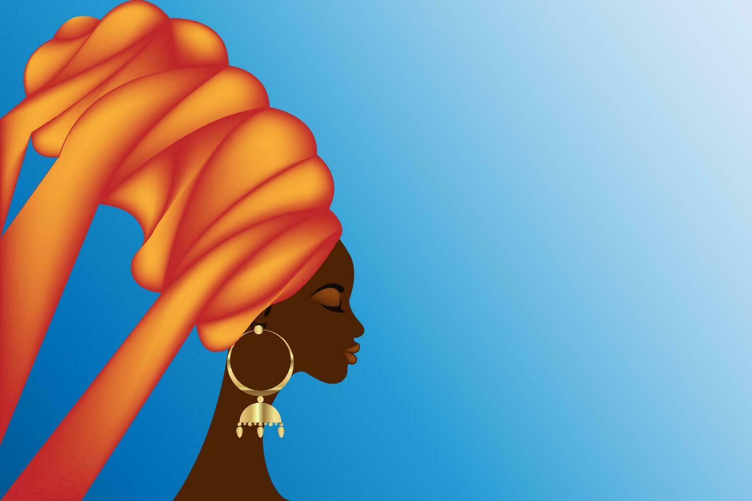 profilo di afro americano signora Guarda vuoto spazio, indossare etnico turbante e oro orecchini, vettore isolato su blu colore sfondo, bellezza africano donna moda modello opuscolo, copia spazio per testo