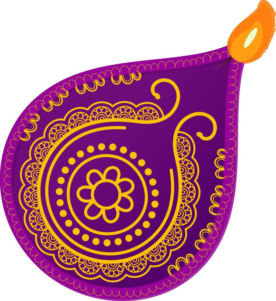 vicino Visualizza ardente floreale diya oil lampada piatto elemento nel viola e d'oro colore.. vettore