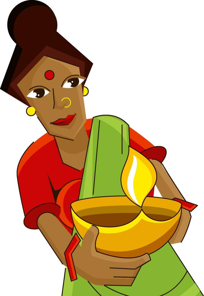 cartone animato indiano donna Tenere illuminato olio lampada diya su bianca sfondo. vettore