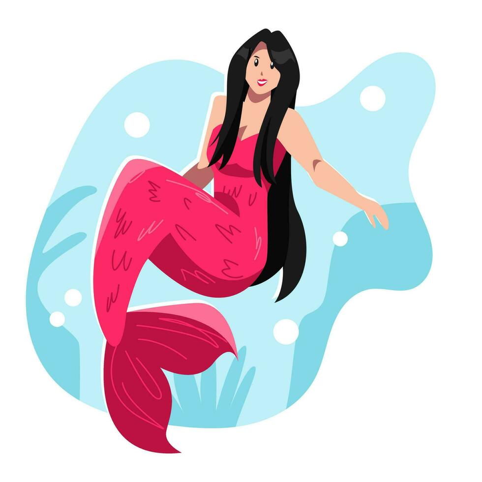 carino ragazza sirena nel il mare. mare sfondo, marino impianti, alga marina. cartone animato piatto vettore illustrazione.