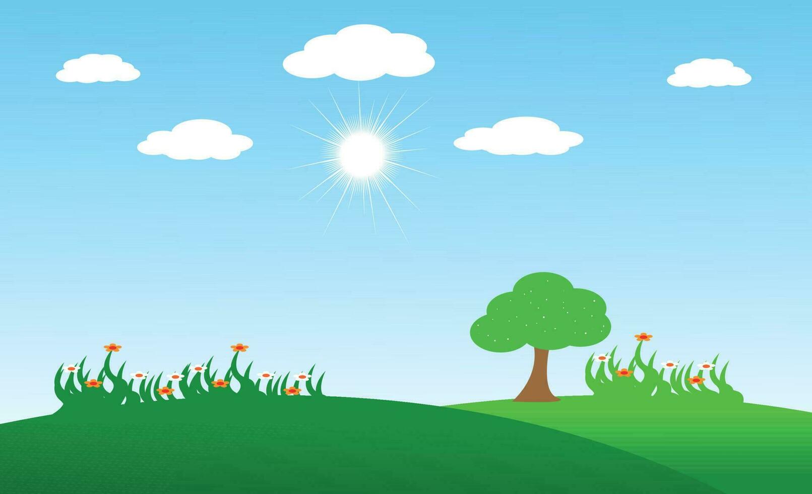 natura paesaggio vettore illustrazione con cartone animato stile. bellissimo primavera paesaggio cartone animato con verde erba alberi e fiori, blu cielo