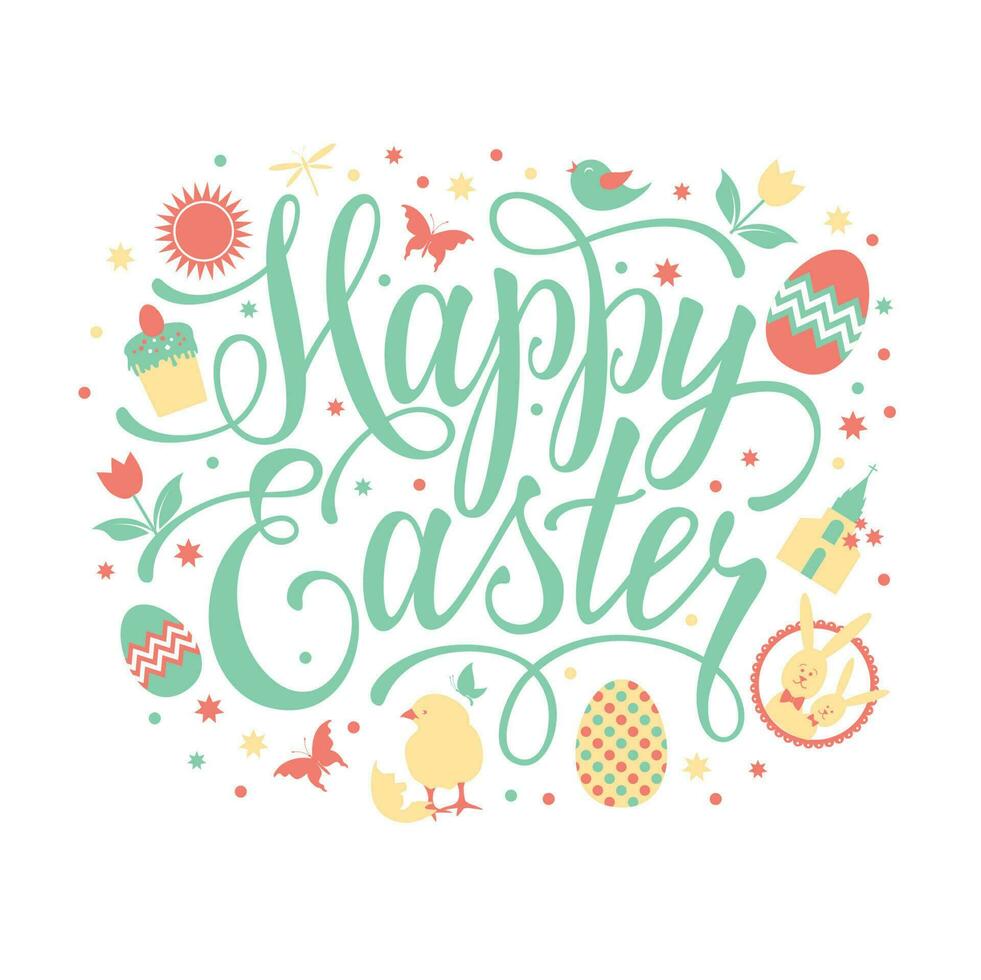 contento Pasqua illustrazione con mano lettering testo vettore