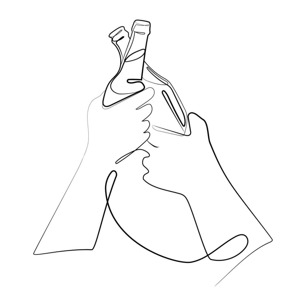 Due mani tintinnio birra bottiglie.uno linea disegno.nazionale birra giorno. mano disegnato vettore illustrazione per stampa, logo, icona, emblema design.cheers compagno.mani con birra linea arte schizzo disegno
