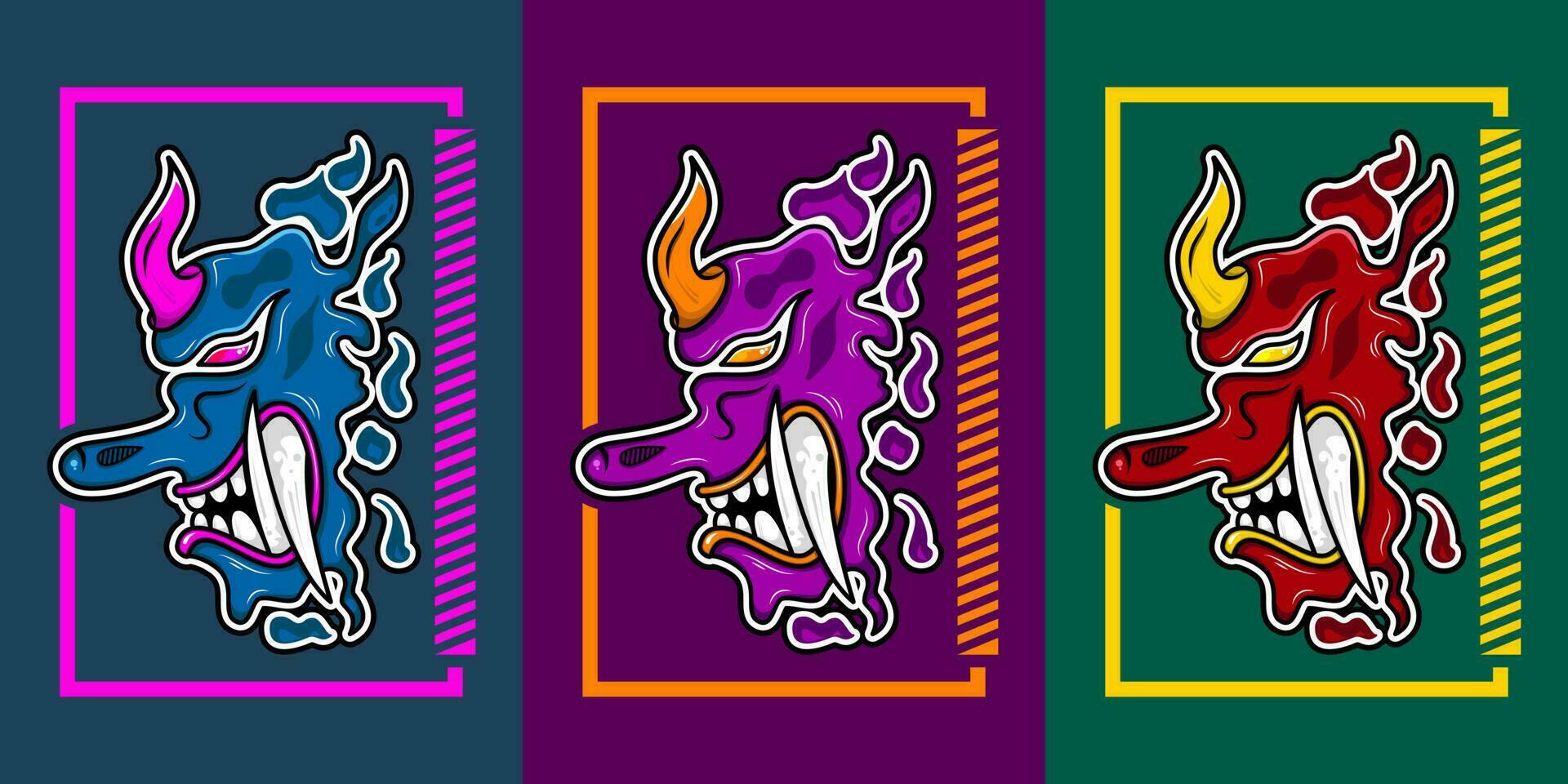 collezione di tengu demone vettore illustrazione nel giapponese stile. rosso, viola, blu e giallo. Usato per decorazione, portafortuna logo, capi di abbigliamento e maglietta design