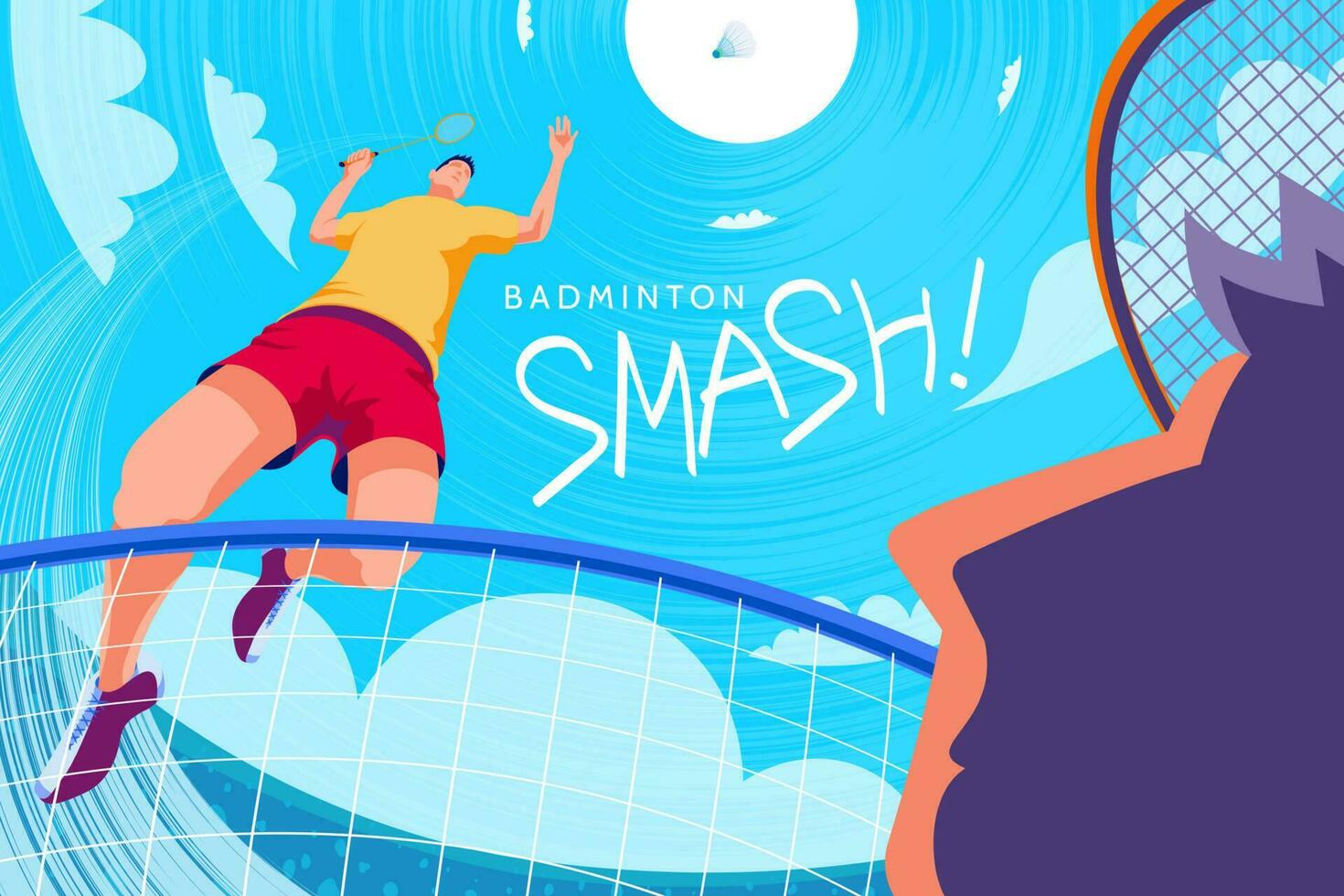 badminton torneo manifesto, parte inferiore su Visualizza di uno giocatore fare saltare distruggere con un altro giocatore provando per difesa, nel pesce occhio Visualizza vettore