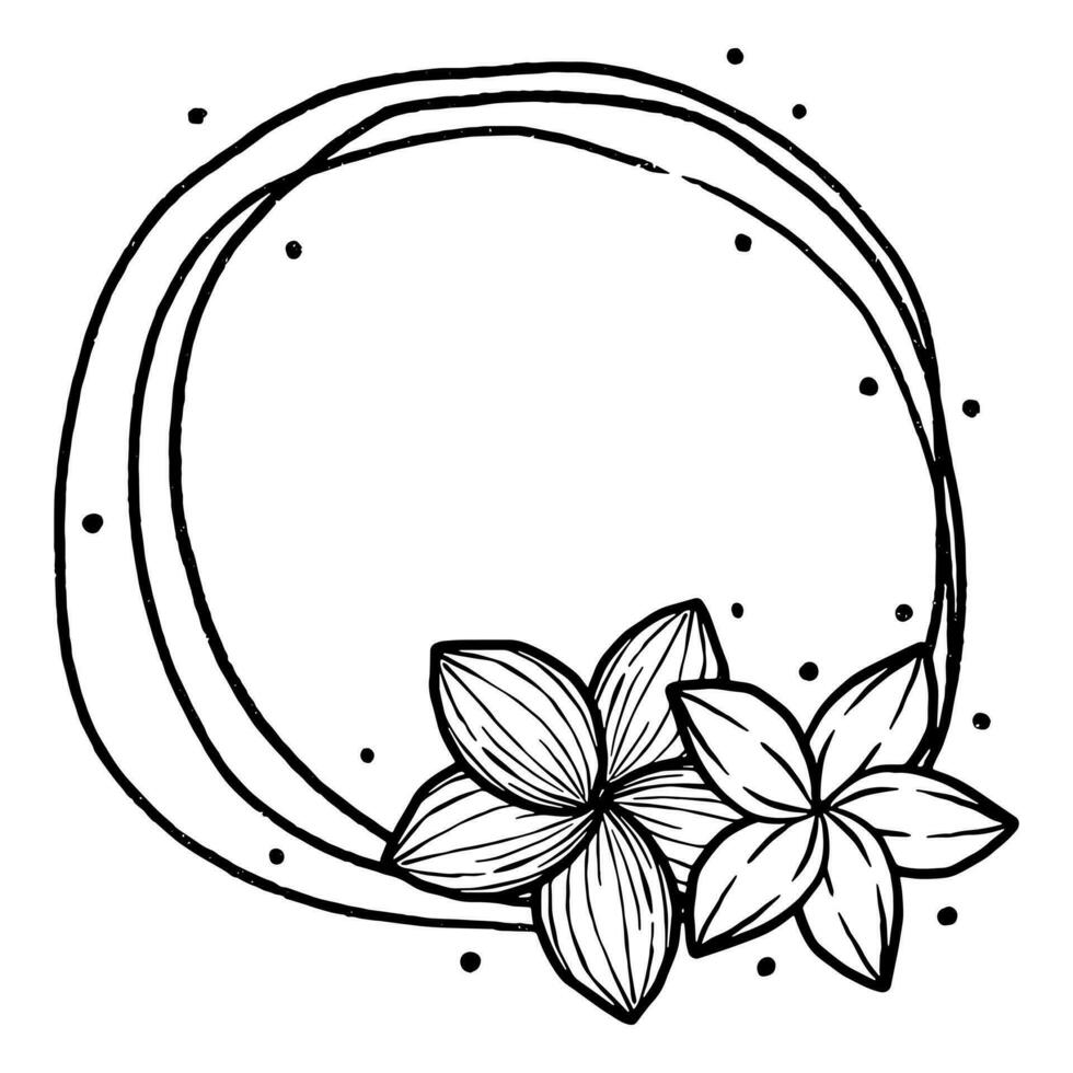 scarabocchio nero linea tre cerchio e puntini con Due fiori. mano disegnato cartone animato stile. vettore illustrazione per decorare logo, testo, nozze, saluto carte e qualunque design.