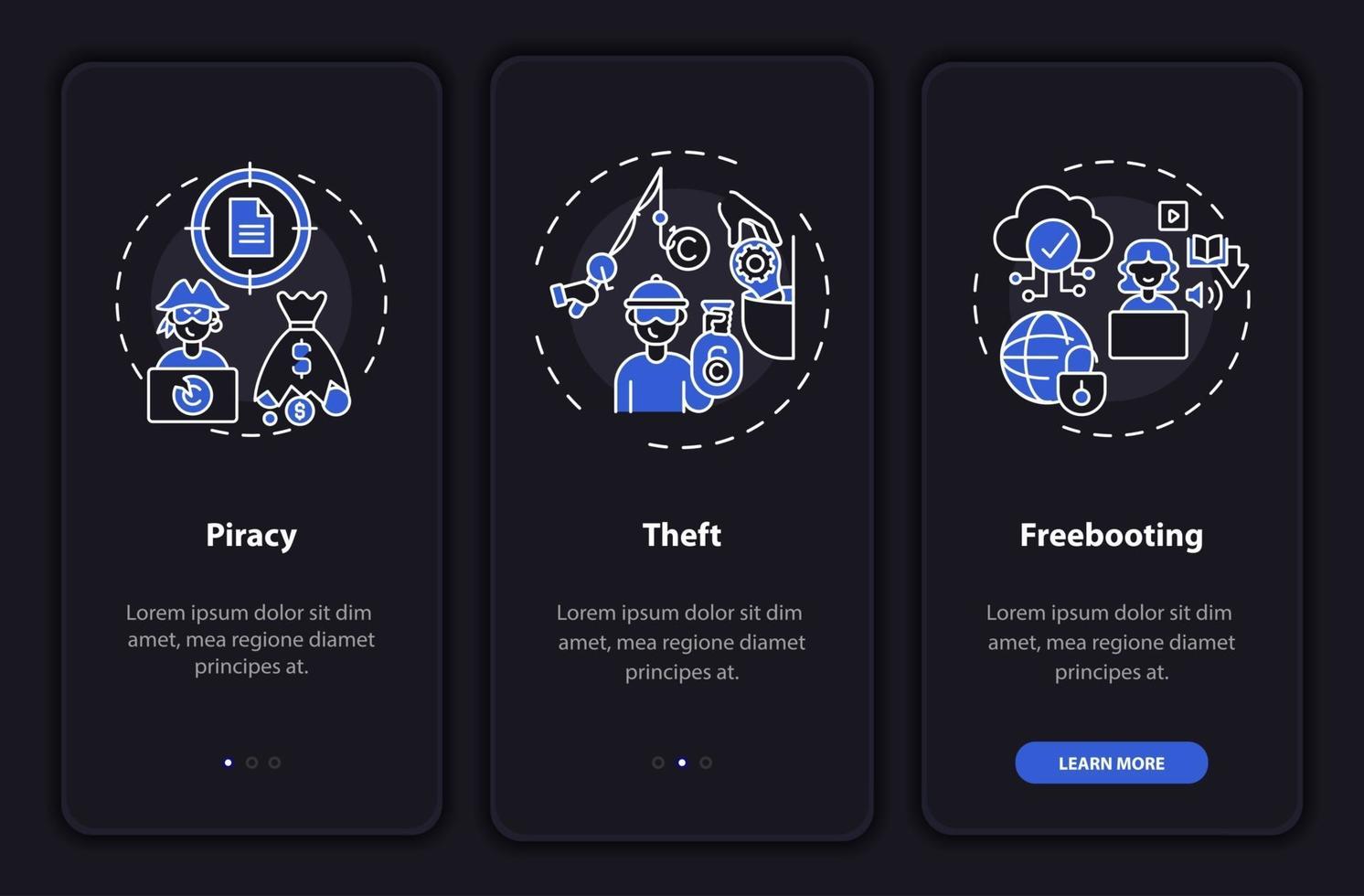 tipi di violazione del copyright durante l'onboarding della schermata della pagina dell'app mobile con concetti vettore