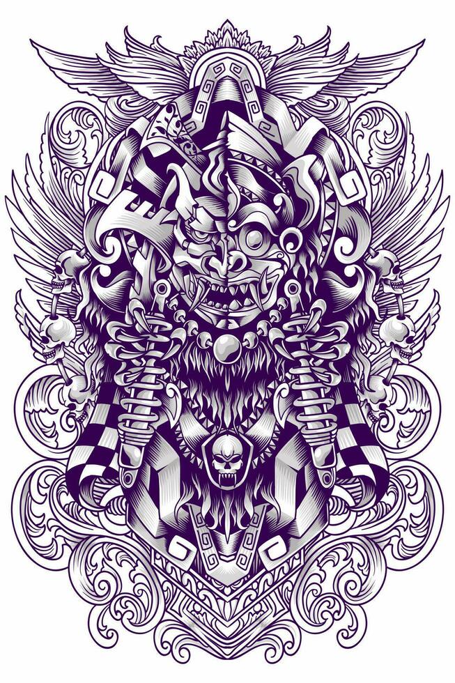 balinese barong linea arte illustrazioni combinato con giapponese samurai vettore