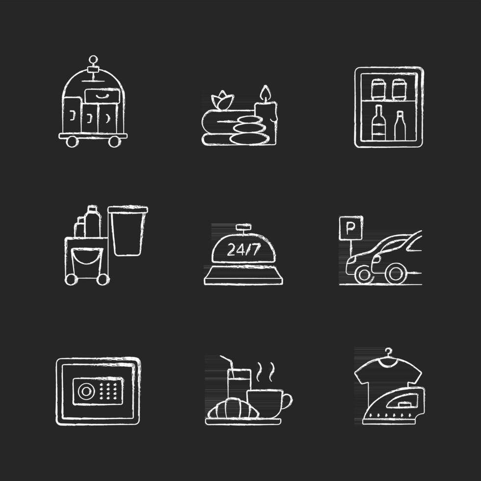 servizi alberghieri gesso icone bianche impostate su sfondo nero vettore