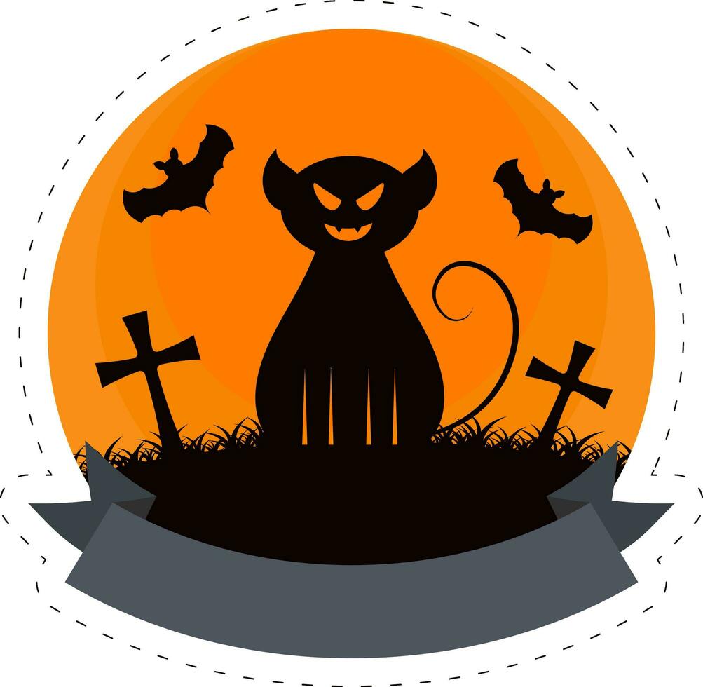 isolato raccapricciante gatto con pipistrelli volare e cimitero notte arancia circolare sfondo per contento Halloween concetto. vettore