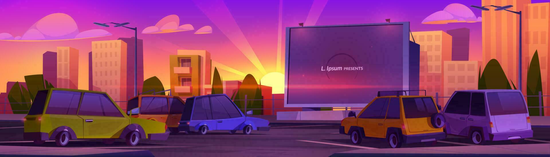 drive-in cinema con auto su tramonto cartone animato vettore