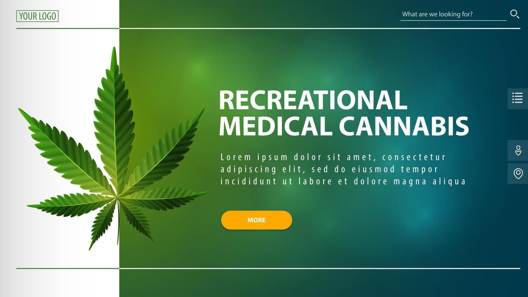 banner verde per sito Web con pulsante di offerta foglia di cannabis ed elementi di interfaccia del sito Web vettore