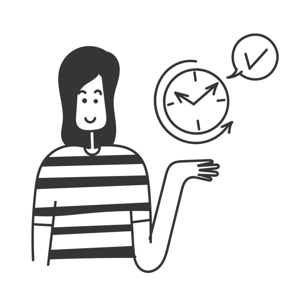 mano disegnato scarabocchio persona mano mostrando orologio icona per successo consegna concetto vettore