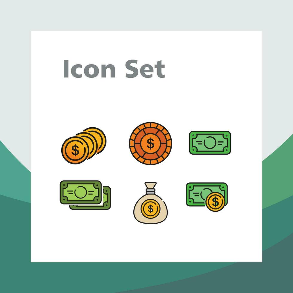 finanza icona, impostato di finanziario simboli, illustrazioni di oro monete, banconote e sacchi di i soldi monete vettore