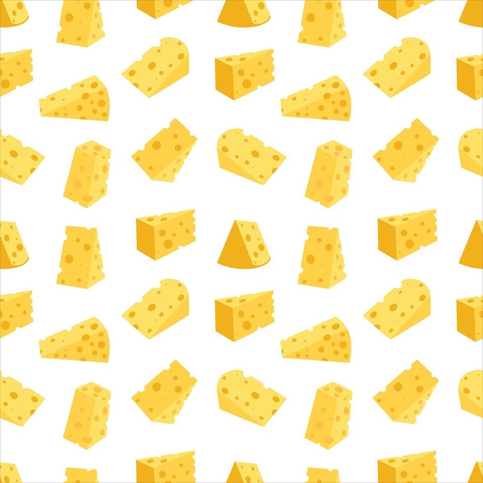 modello senza cuciture di formaggio. pezzi di formaggio giallo, isolato su uno sfondo bianco. pezzi di formaggio di varie forme. illustrazione vettoriale piatta