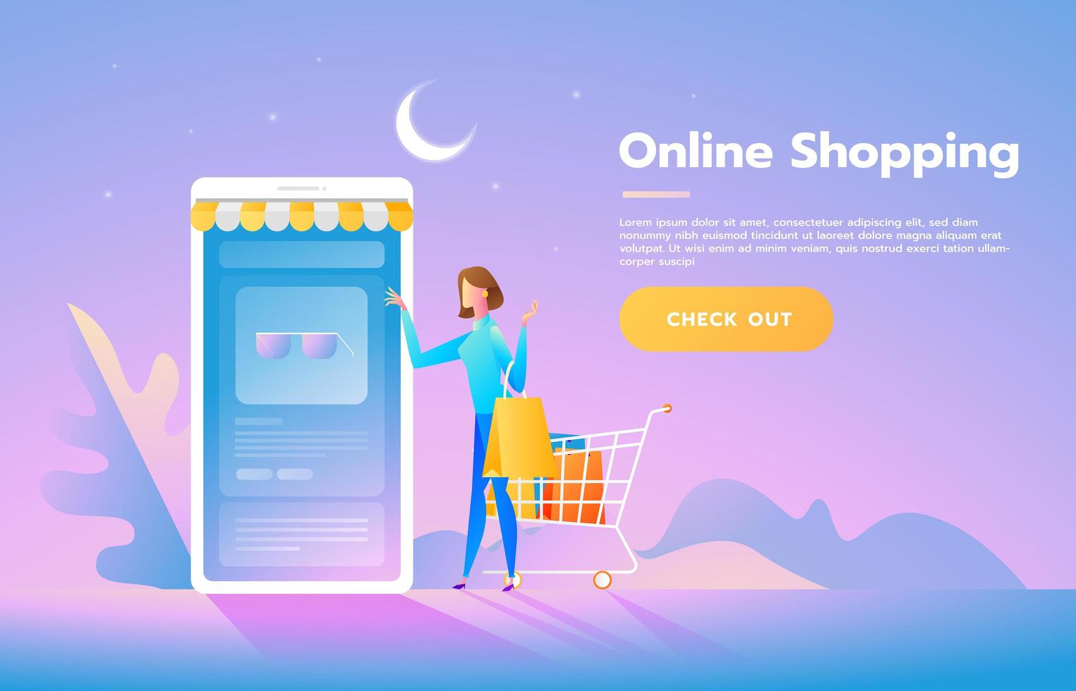 vendita, consumismo e concetto di persone. giovane donna shopping online utilizzando smartphone. modello di pagina di destinazione. illustrazione isometrica di vettore. vettore