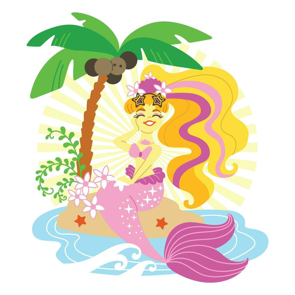 carino cartone animato sirena con rosa coda vettore illustrazione