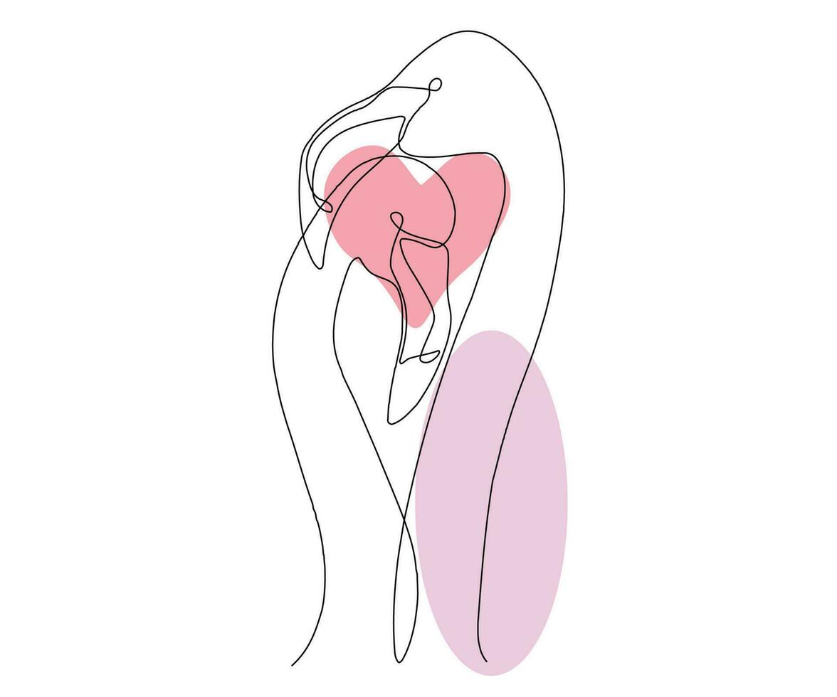 astratto paio di uccelli, Due amorevole fenicotteri, amore familiare continuo uno linea disegno vettore