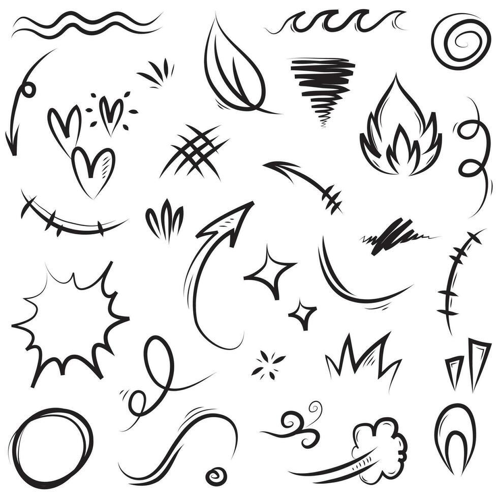 set vettoriale di doodle di segni di espressione cartoonesca disegnati a mano, frecce direzionali curve, elementi di design di effetti emoticon, simboli di emozione dei personaggi dei cartoni animati, linee di pennellate decorative carine.