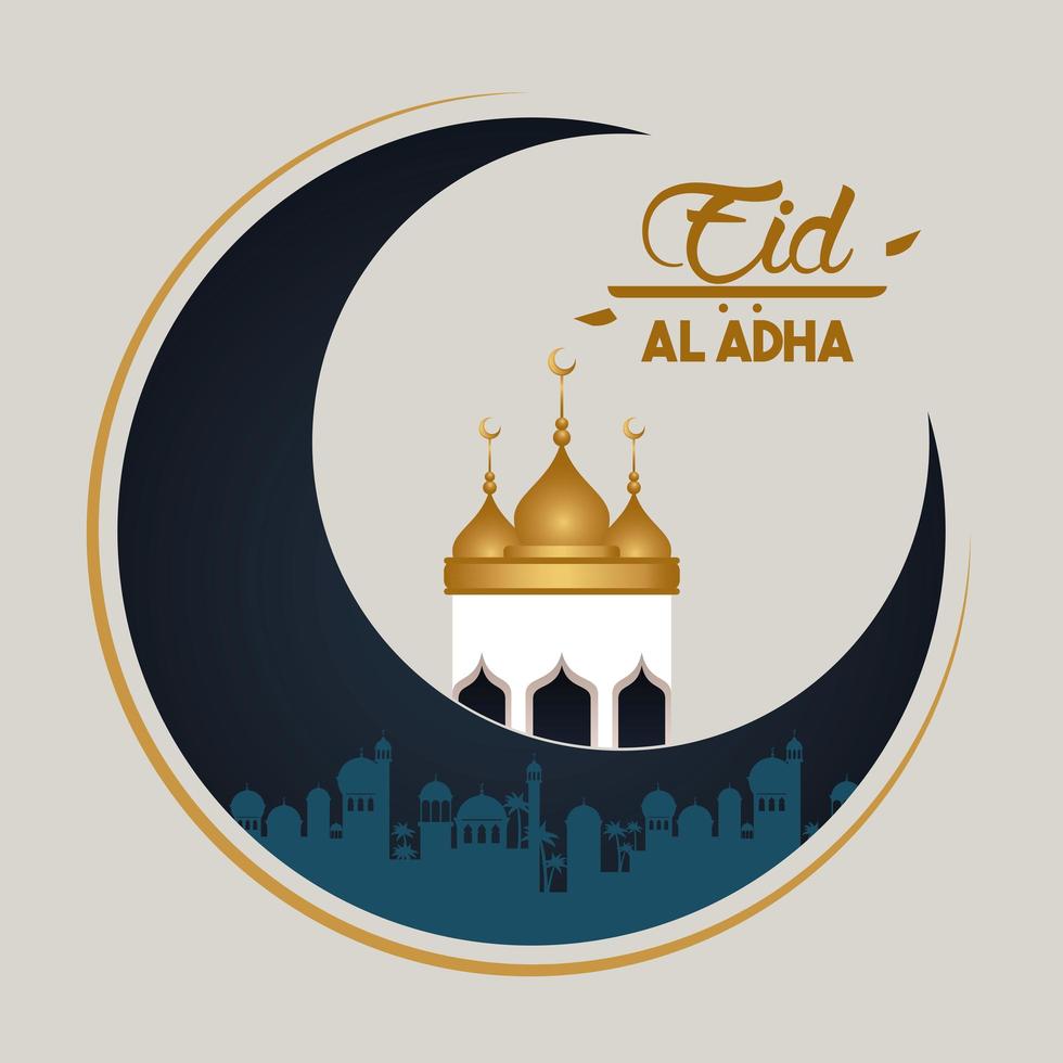 carta di celebrazione di eid al adha con cupule di luna e moschea vettore