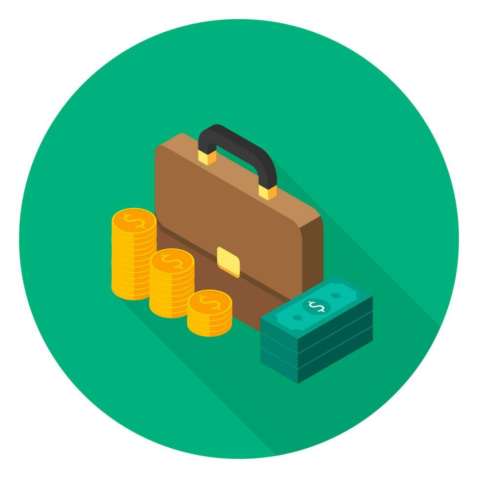 valigetta, dollaro i soldi denaro contante icona, oro moneta pila sinistra Visualizza icona vettore isometrico. piatto stile vettore illustrazione.