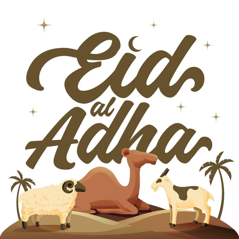 semplice eid al adha calligrafia bandiera con sacrificio animale e palma albero sfondo vettore