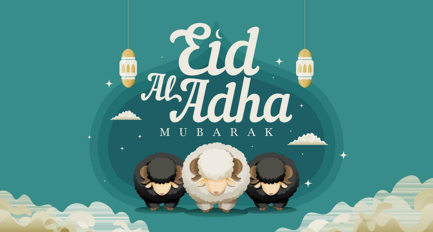 eid al adha bandiera con sacrificio pecora lanterna stelle e nuvole illustrazione vettore