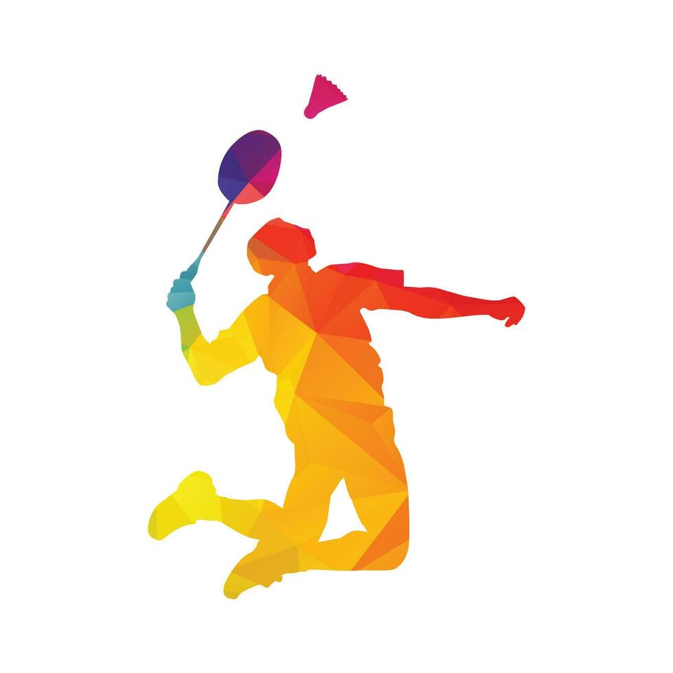 moderno appassionato badminton giocatore nel azione logo - appassionato vincente momento distruggere. astratto professionale giovane badminton atleta nel appassionato posa. vettore