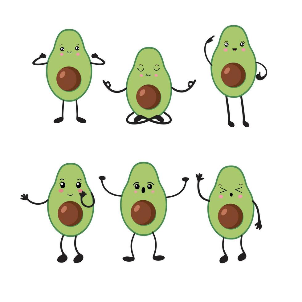 un' impostato di avocado nel il stile di kawaii. avocado frutta nel un' piatto design. vettore