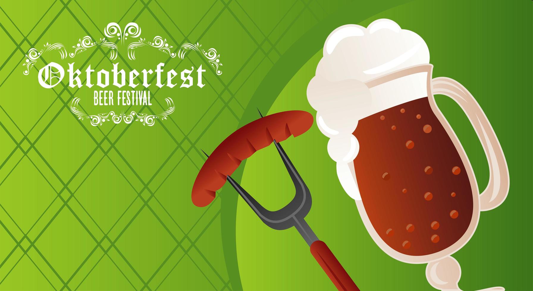 Manifesto del festival celebrazione Oktoberfest con tazza di birra e salsiccia vettore