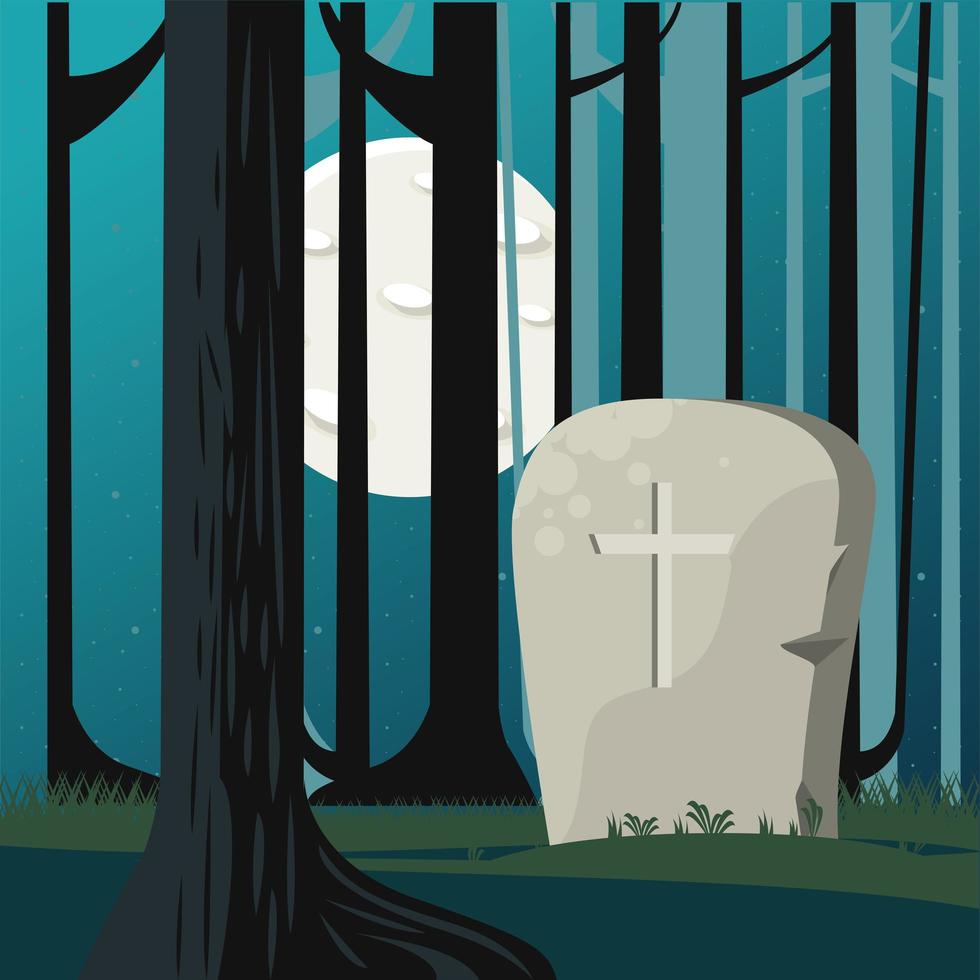 carta di celebrazione di halloween felice con tomba nella scena della foresta vettore