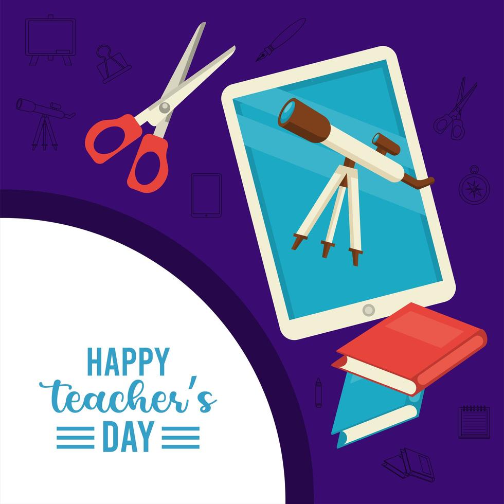 Happy Teacher Day Card con tablet elearning e telescopio vettore