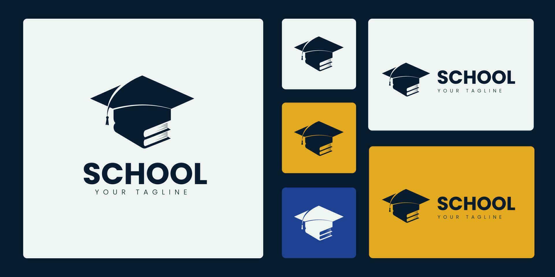 la laurea berretto logo impostato combinato con libri, nero logo colore adatto per formazione scolastica e a tema laurea loghi. vettore