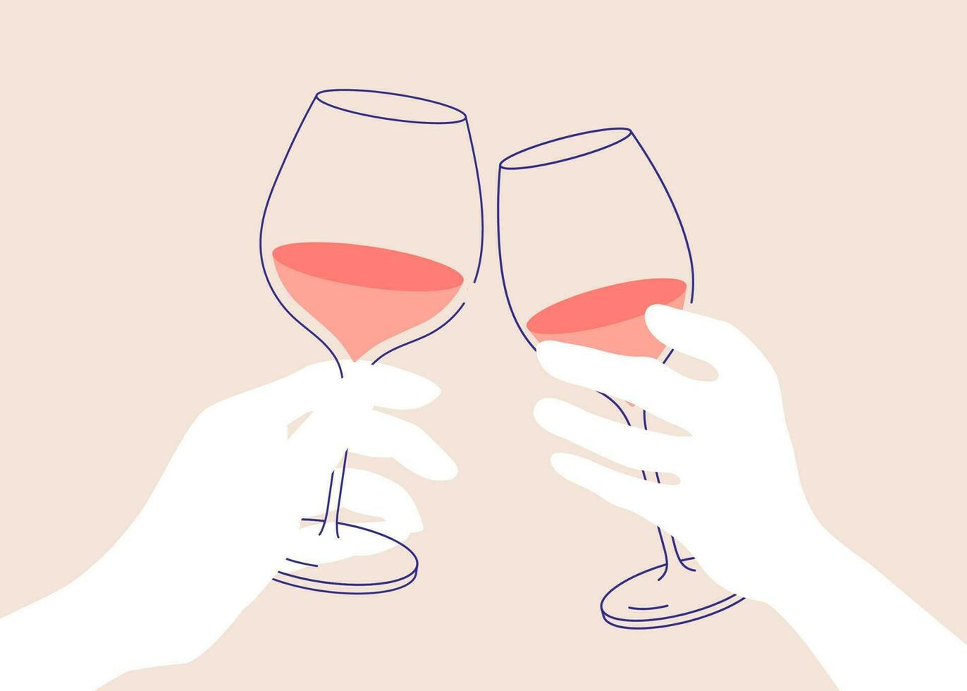 Saluti schema disegno. donne S mano Tenere bicchiere di bianca e rosso vino. piatto illustrazione per saluto carte, cartoline, inviti, menù design. linea arte modello vettore