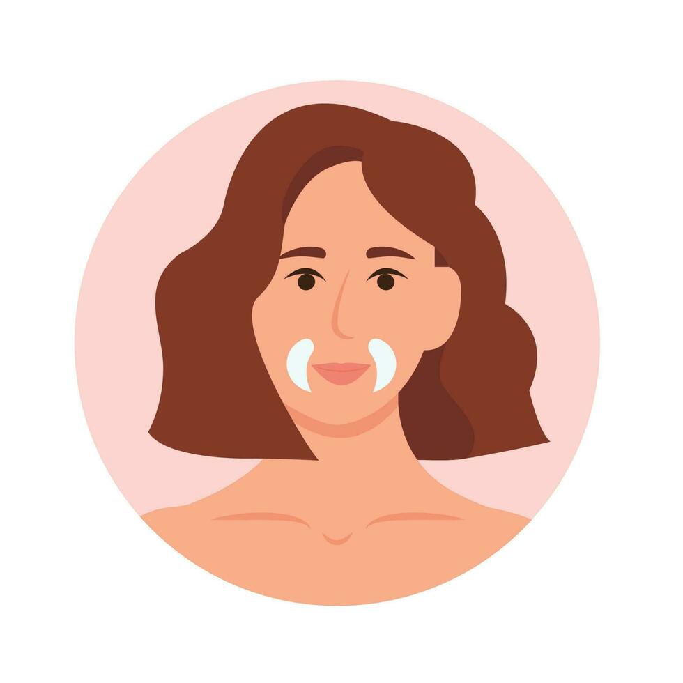 donna l'applicazione collagene cosmetico toppa su pelle contro facciale rughe. casa quotidiano facciale pelle cura. vettore illustrazione