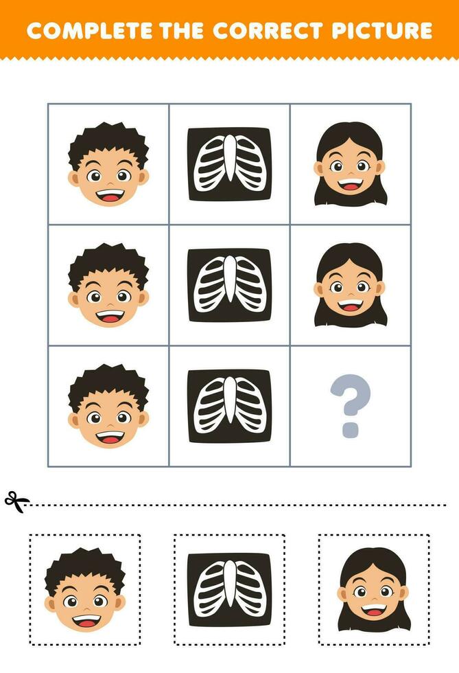 formazione scolastica gioco per bambini per scegliere e completare il corretta immagine di un' carino cartone animato ragazzo e ragazza testa o raggi X costolette stampabile anatomia foglio di lavoro vettore