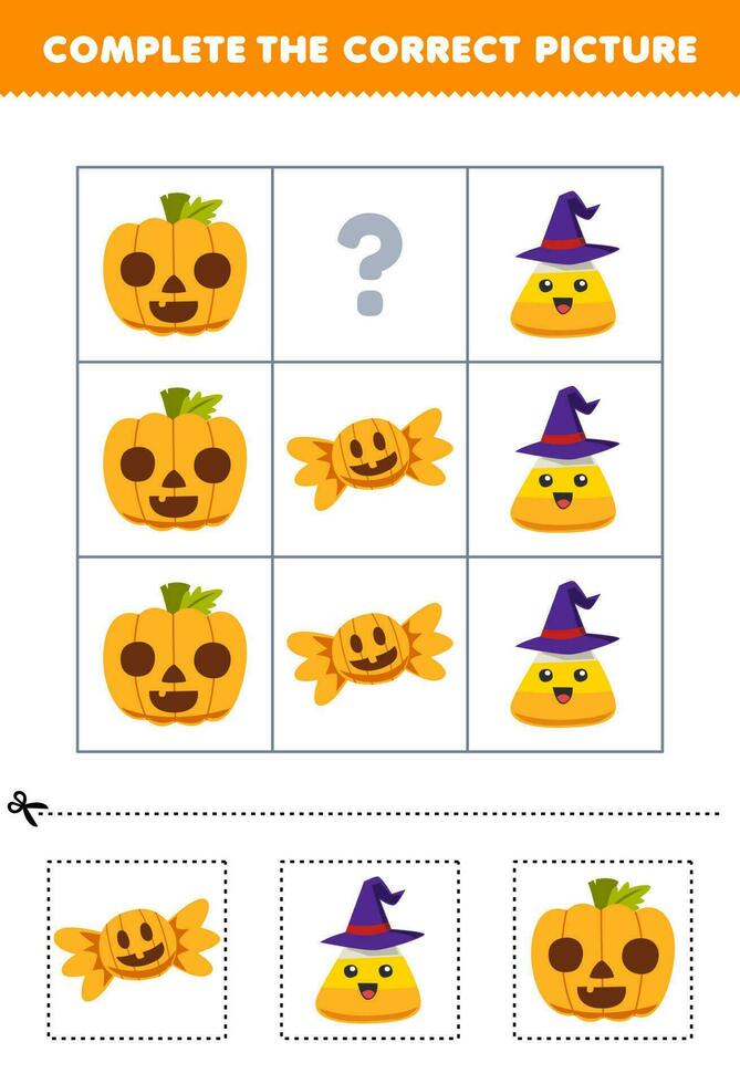 formazione scolastica gioco per bambini per scegliere e completare il corretta immagine di un' carino cartone animato Mais caramella o zucca stampabile Halloween foglio di lavoro vettore