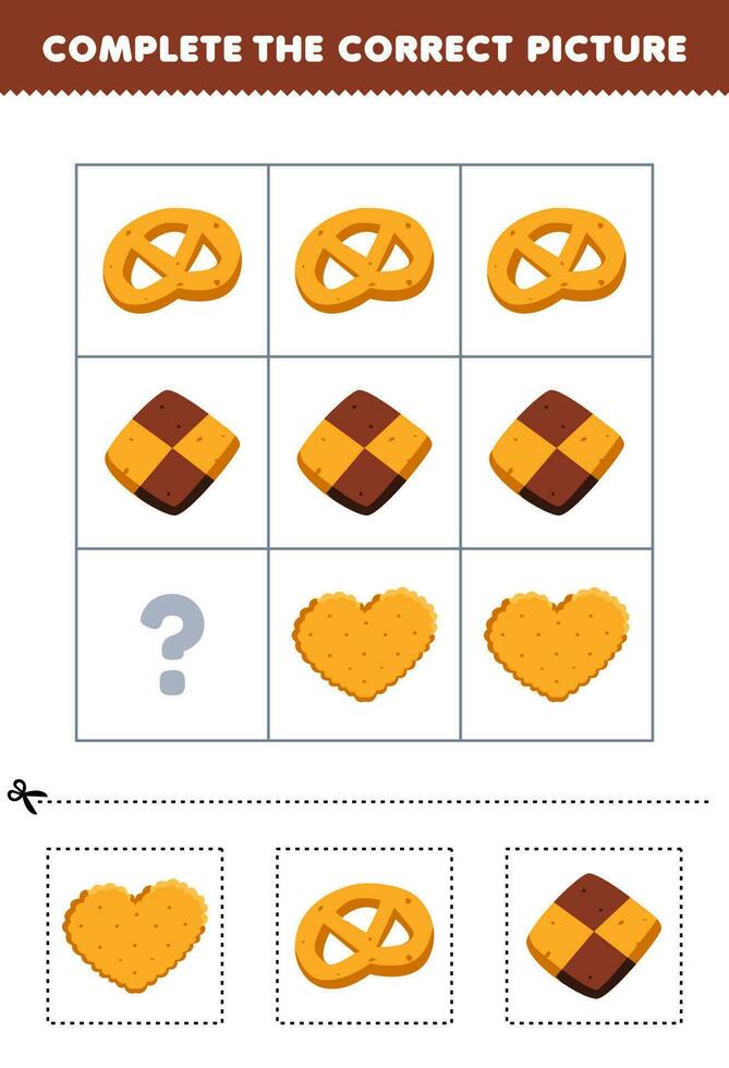formazione scolastica gioco per bambini per scegliere e completare il corretta immagine di un' carino cartone animato biscotti biscotto stampabile cibo foglio di lavoro vettore